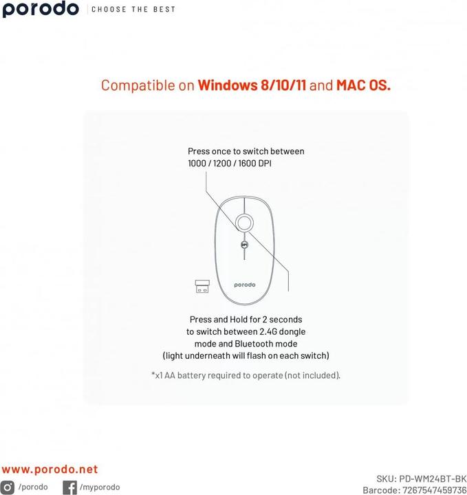 Image du produit Porodo 2 in 1 Wireless Bluetooth Mouse 2.4GHz V5.0 - Black (Sans fil)