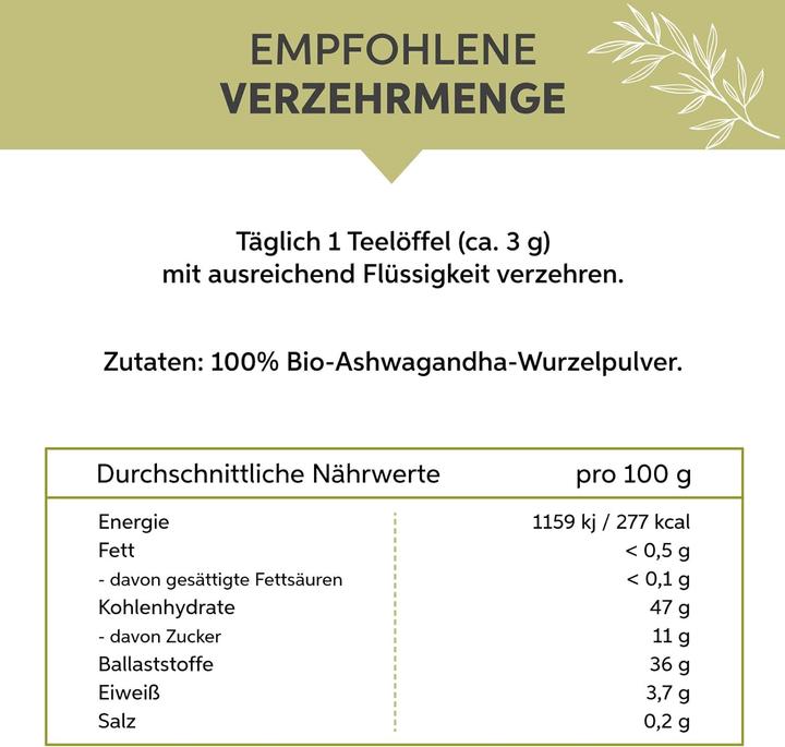 Valeurs nutritives et ingrédients Eltabia Poudre d'ashwagandha bio | Ginseng indien de qualité crudité et végétalien (Capsules, 100 g)