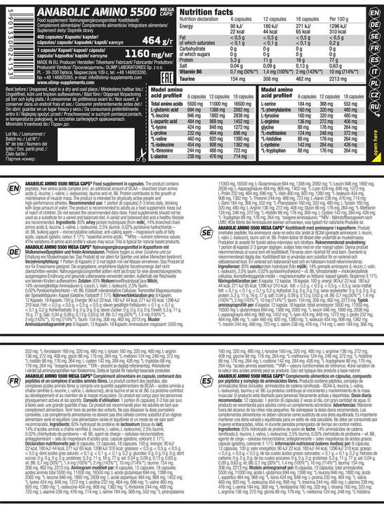 Nutritional values and ingredients Olimp Sport Nutrition Anabolic Amino (1 Piece, Capsules, 470 g)