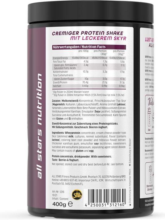 Valeurs nutritives et ingrédients All Stars Protéine de skyr (Yaourt, Mélange de baies, 1 pcs, 400 g)