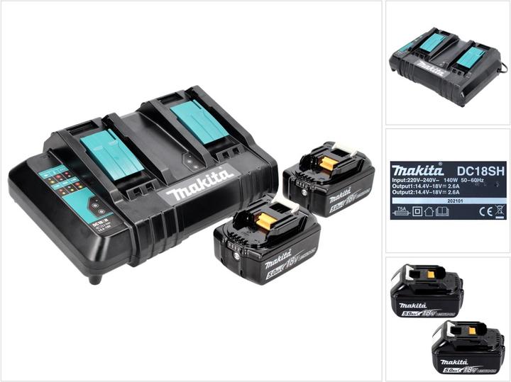 1x Makita DC 18 SH Doppel Ladegerät, 2x Makita BL 1850 B Li-Ion Akku 18V 5,0 Ah