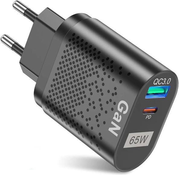 Hermex GaN 2-Port Fast Charger USB-C + USB-A Ladegerät Schnellladeadapter (65 W)