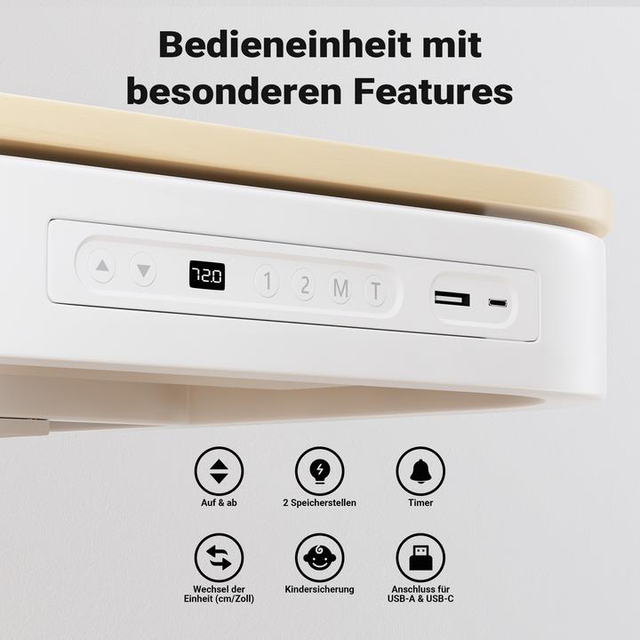 Produktbild Wiltec Höhenverstellbarer Schreibtisch Einmotorig Ladestation Tischplatte Memory (600 x 1200 mm)