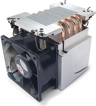 Actual product image Dynatron S6 Intel 4677 3U active aluminium heat sink with cooling fins and heat pipes in contact (91 mm)