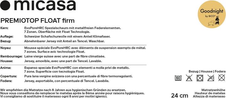 Nutritional values and ingredients bico Premiotop Float (90 x 200 cm, Spring core)