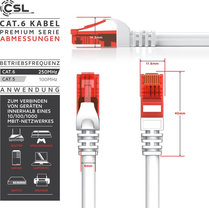 Produktbild CSL CAT.6 Netzwerkkabel - Ethernet Gigabit Lan Kabel RJ45 - Patchkabel - komp. CAT.5 CAT.6 CAT.7 CAT.8 (UTP, CAT6, 1 m)