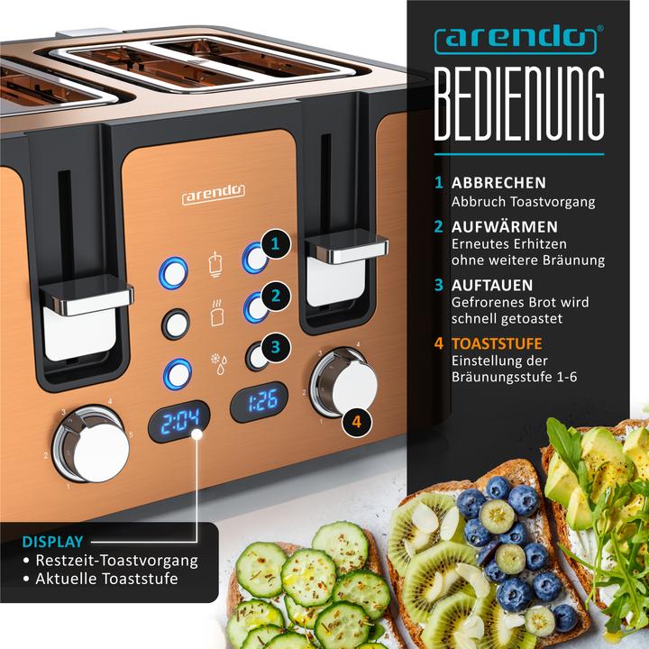 Produktbild Arendo Toaster 4 Scheiben Kurzschlitz, Automatik, Wärmeisolierendes Doppelwandgehäuse, Edelstahl, 1750 W (EU-Stecker)