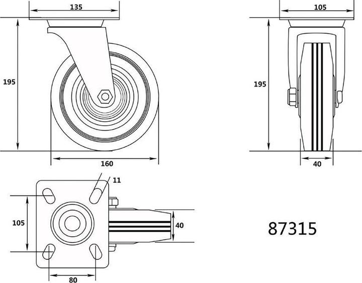 Image du produit Toya Swivel Caster W. Black Rubber 160mm