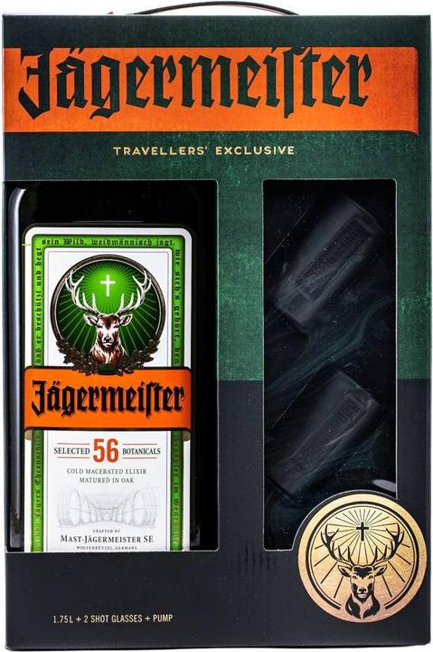 Actual product image Jägermeister Traveller's Exclusive Liqueur in case with 2 shot glasses and dosing pump (1 x 175 cl)