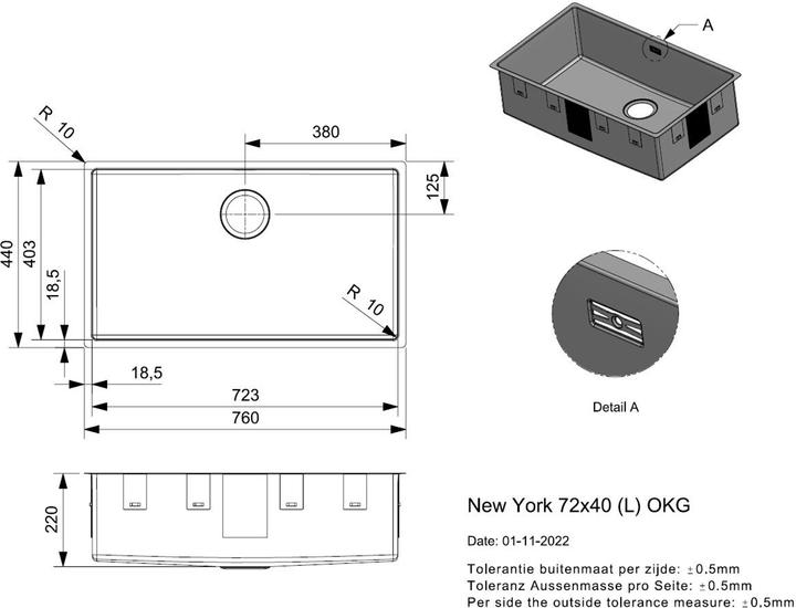 Actual product image Reginox Sink, Stainless Steel Kitchen Sink New York OKG 72x40 cm R31377 (44 cm, 76 cm)