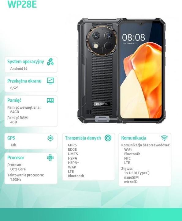 Actual product image Oukitel WP28E (6.52" - NFC - 10 600 mAh - 64 GB, 4 GB RAM) Black (64 GB, Black, 6.52", Dual SIM, 13 Mpx)