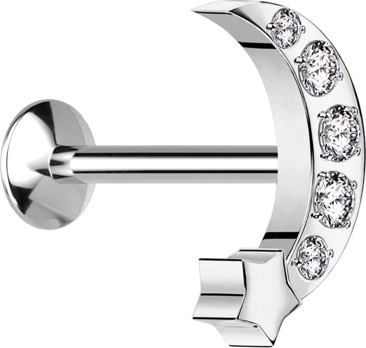 Produktbild Star Piercing Micro Threadless UFO Labret silber Mond mit Stern silber Kristalle silber (ohne Messing, Chirurgenstahl 316L)