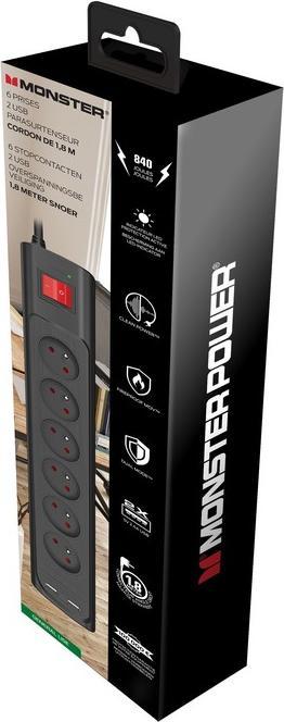 Produktbild Monster Power Parafoudre Parasurtenseur 6 Ac/2 USB-A Fr (6 x, USB-A, 1.80 m)
