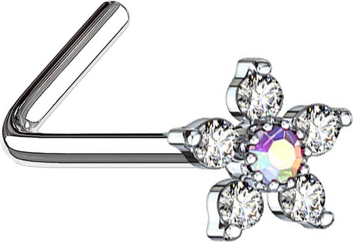 Star Piercing Nasenstecker gewinkelt silber Blume mit Kristall multicolor und silber (Chirurgenstahl 316L, Messing)