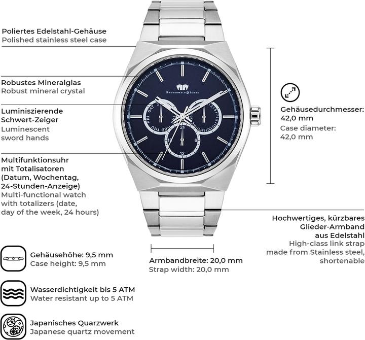 Immagine prodotto Uomo Multifunzioni Cooledge Acciaio inossidabile Argento - 5608 (Orologio da polso analogico, 42 mm)