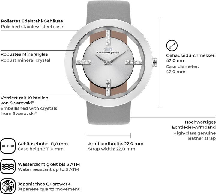 Produktbild Damen Quarzuhr Lucrezia Echtleder grau - 5128 (Analoguhr, 42 mm)