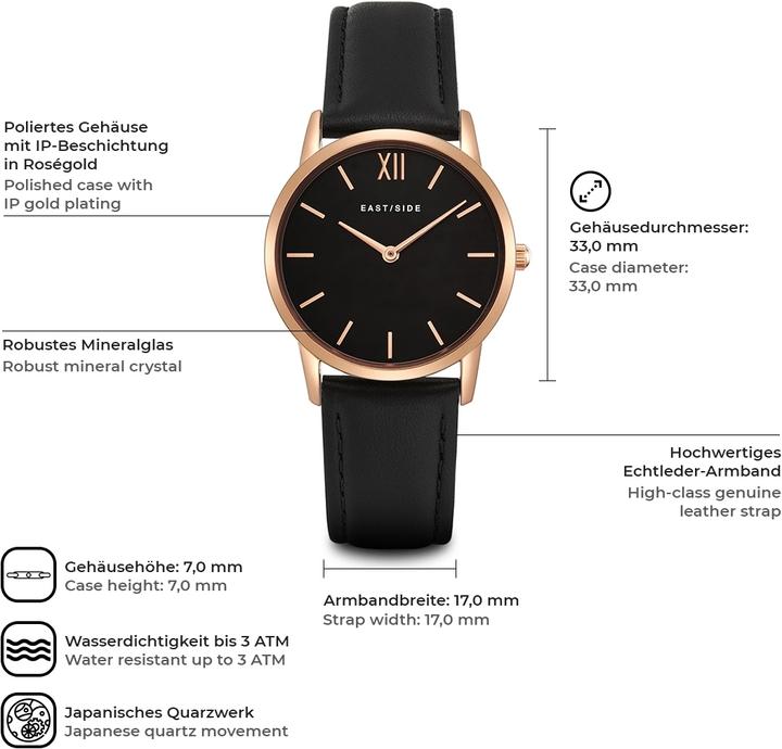 Produktbild Eastside Damen Quarzuhr Upper Union Echtleder schwarz - 9762 (Analoguhr, 33 mm)