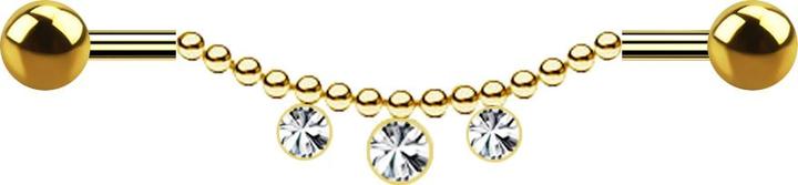 Star Piercing Barbell vergoldet zwei Kugeln Kette drei Kristalle silber (Chirurgenstahl 316L)