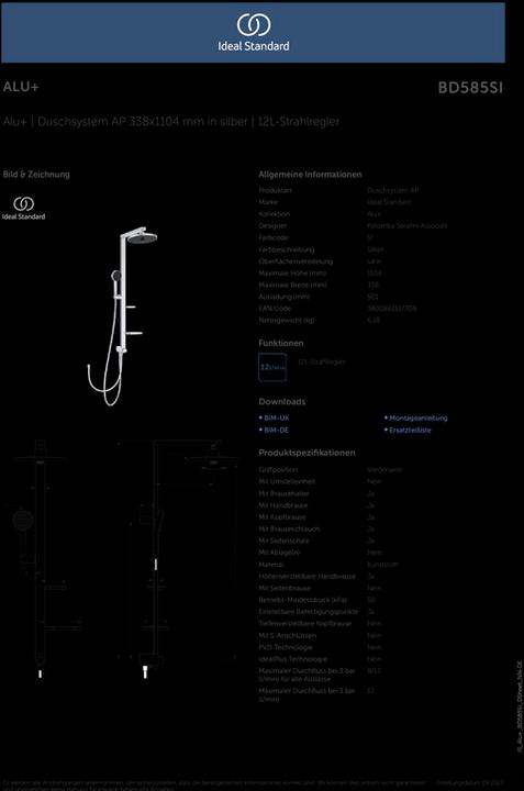 Produktbild Ideal Standard Duschsystem Alu+ ohne Armatur, 2 Ablagen, 2F-Handbrause, 2F-Kopfbrause