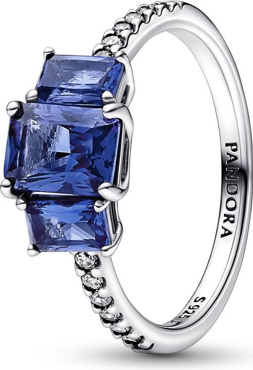 Actual product image Pandora Blue Rectangular Three Stone Sparkling Ring (50, 925 Silver)