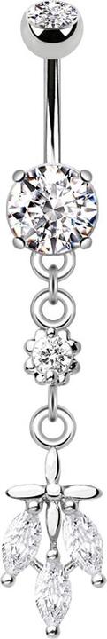 Star Piercing Banane silber mit zwei Kugeln Kristall silber Anhänger drei Kristallblätter (Chirurgenstahl 316L, Messing)