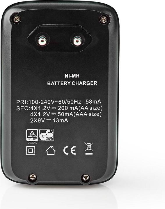 Actual product image Nedis NiMH Battery Charger AA/AAA 1.2 VDC / 9 VDC 0.2 A Trickle Charging Type C (CEE 7/16) Safety Fu (1 pcs., AAA, AA, Rechargeable battery)