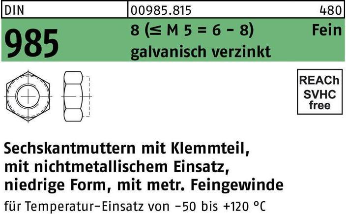 Produktbild Selbstsichernde Sechskantmutter DIN 985 M 12 x 1,5 Stahl galvanisch verzinkt