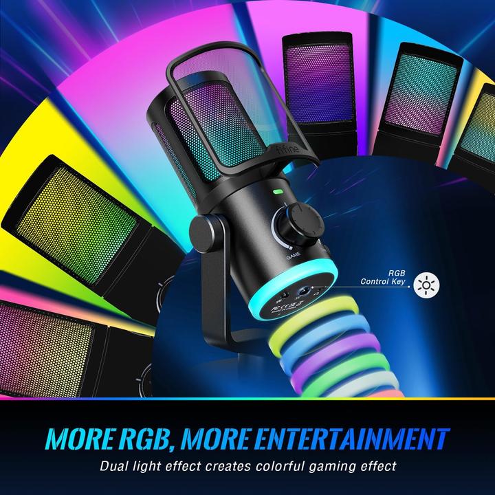 Actual product image Fifine AM6 Gaming condenser microphone with chat and gaming volume, RGB light ring, noise cancelling