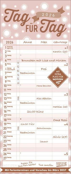 Produktbild Premium Familientimer Tag fr Tag 2026 (19 x 46 cm, Harter Einband, Deutsch)