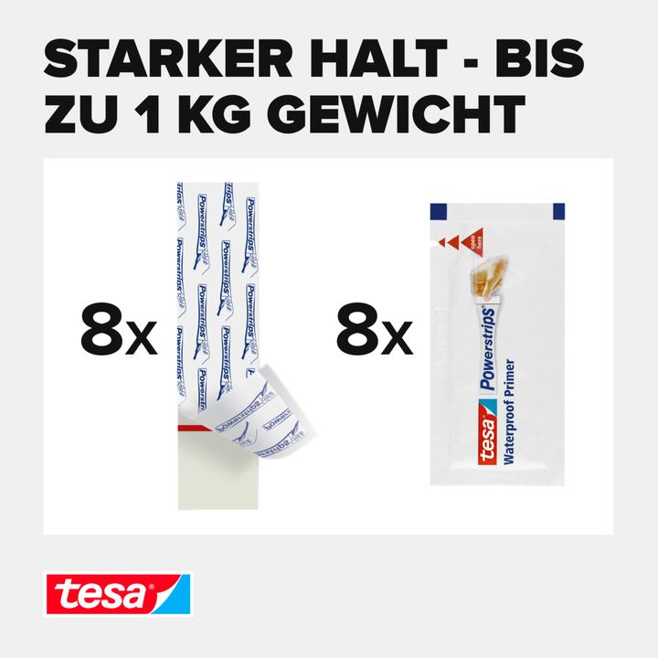 Produktbild tesa Powerstrips SMALL, 1kg Halteleistung, 8x doppelseitige Klebestreifen