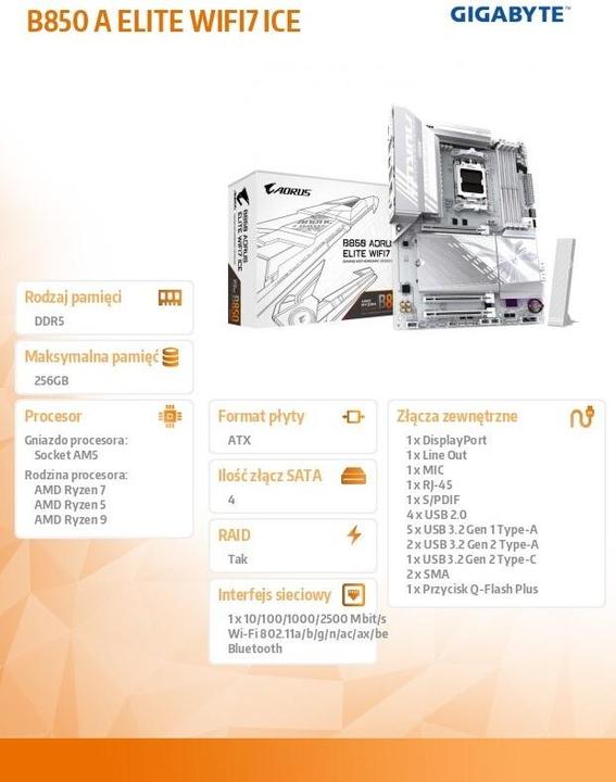 Produktbild Gigabyte B850 AORUS Elite WIFI7 ICE (AM5, AMD B850, ATX)