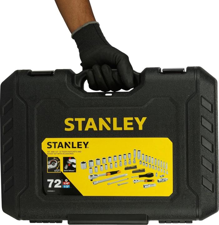 Actual product image Stanley Socket set, 72-piece, 1/2 inch, 1/4 inch, square, type socket and ratchet (21 mm)