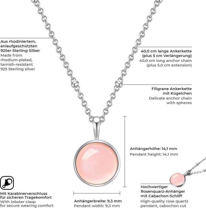 Immagine prodotto Glanzstücke München Catena da donna in argento rosa quarzo 40,0 cm + 5,0 cm di estensione - 11042 (Argento 925, 40 - 45 cm)