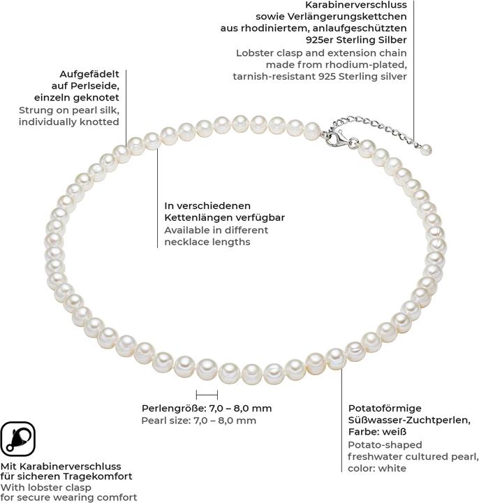 Immagine prodotto Valero Pearls Donna in argento sterling con perle d'acqua dolce coltivate - 2236 (Argento, 45 - 49 cm)