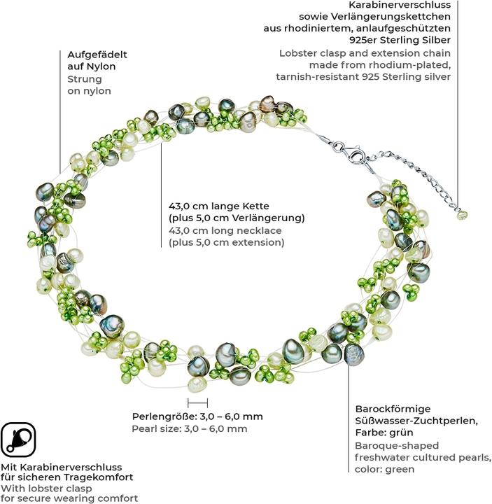 Immagine prodotto Valero Pearls Catena da donna in argento con perle d'acqua dolce 43,0 cm di base + 5,0 cm di estensione - 3076 (Argento, 43 - 48 cm)