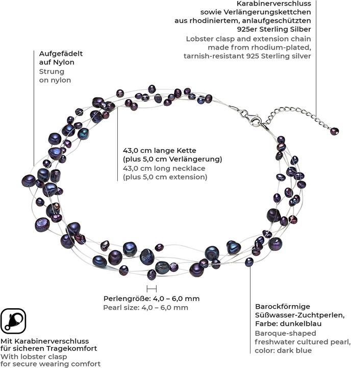 Immagine prodotto Valero Pearls Catena da donna in argento con perle d'acqua dolce 43,0 cm di base + 5,0 cm di estensione - 3180 (Argento, 43 - 48 cm)