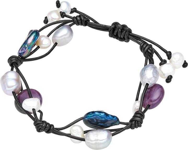 Valero Pearls Damen Echtleder Amethyst Süsswasser-Zuchtperle schwarz 16,0 - 24,0 cm, flexibel einstellbar - 3296 (24 cm, Echtleder)