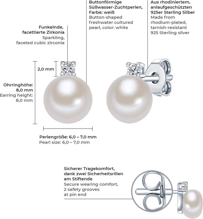 Immagine prodotto Valero Pearls Donna Argento Cubic Zirconia Perle d'acqua dolce coltivate argento - 3262 (Argento)