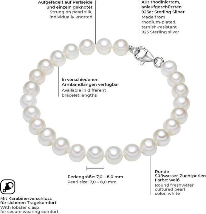 Immagine prodotto Valero Pearls Donna in argento sterling con perle d'acqua dolce coltivate - 3850 (21 cm, Argento)