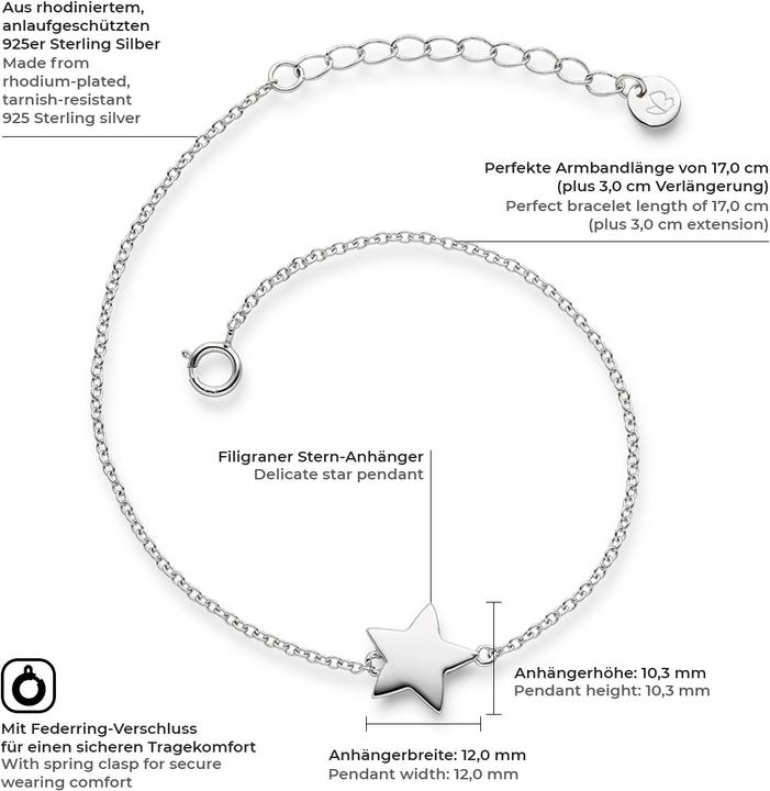 Immagine prodotto Glanzstücke München Stella da donna in argento 17,0 cm di lunghezza base + 3,0 cm di estensione - 6128 (17 cm, Argento)