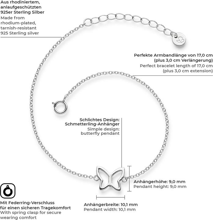 Immagine prodotto Glanzstücke München Farfalla da donna in argento 17,0 cm di lunghezza base + 3,0 cm di estensione - 6014 (17 cm, Argento)
