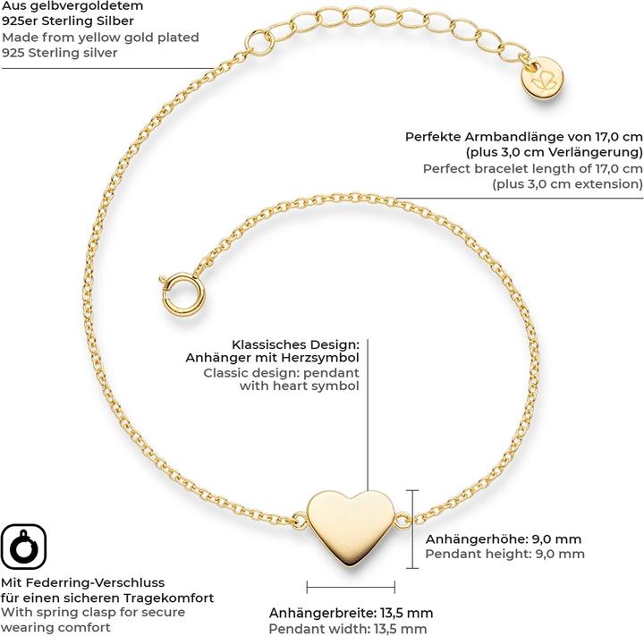 Immagine prodotto Glanzstücke München Cuore da donna in argento sterling e oro giallo 17,0 cm di lunghezza base + 3,0 cm di estensione - (17 cm, Argento)