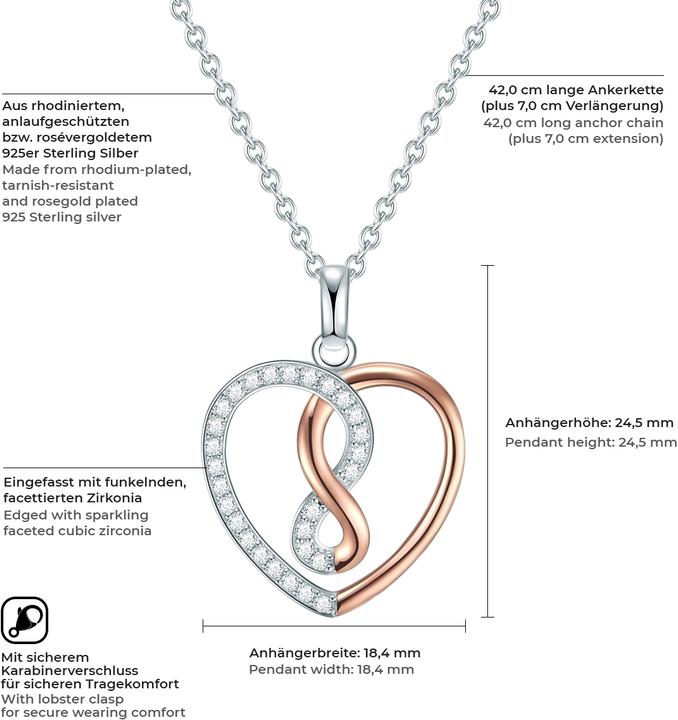 Produktbild Rafaela Donata Damen Herz Sterling Silber Zirkonia silber/roségold 42,0 cm Basiskette + 7,0 cm Verlängerung - 9818 (Sterling Silber, 42 - 49 cm)