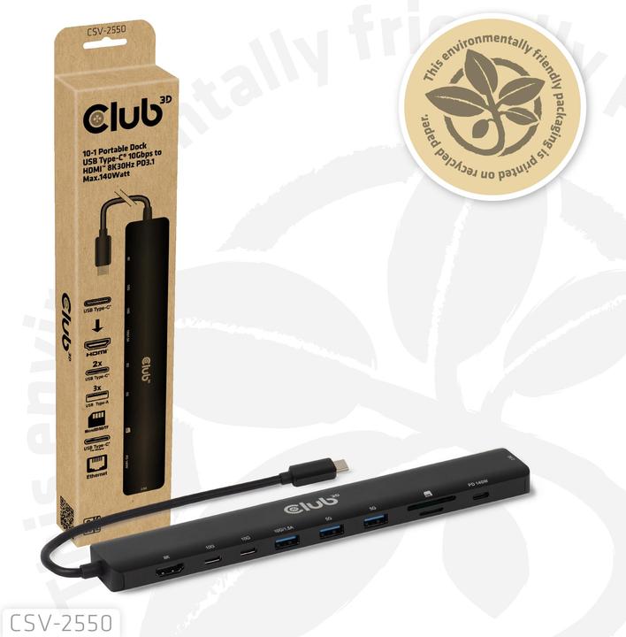 Productafbeelding Club 3D Club3D Tragbare Docking USB-C ->2xUSB-C/3xUSB-A/HDMI/SD BK retail (USB-C, 10 Havens)