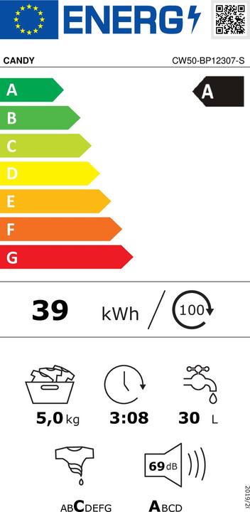 Label énergétique Candy CW50-BP12307-S (5 kg, Gauche, Prise UE)