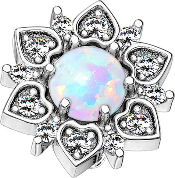 Star Piercing Dermal Anchor silber Herzblume mit Opal weiss (Messing, Chirurgenstahl 316L)