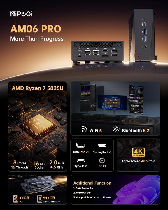 Produktbild NiPoGi Mini PC AM06 PRO mit Ryzen 7 5825U, WiFi 6 und 4K Triple Display (AMD Ryzen 7 5825U, 32.77 GB, 512 GB)
