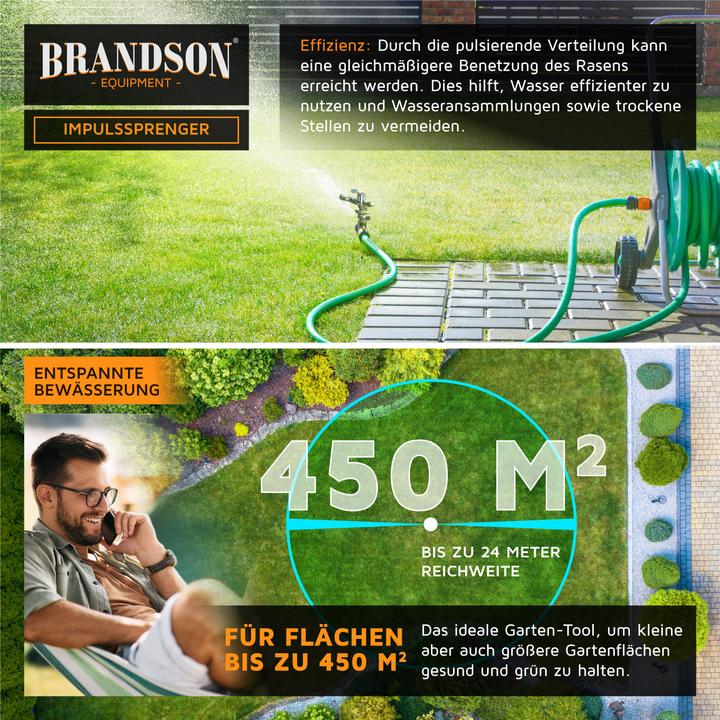 Produktbild Brandson Metall Kreisregner, Intervall-Sprinkler, Impulsregner, Rasensprenger bis 450 m², Gardena kompatibel (Impuls-, Kreis- und Sektorenregner)