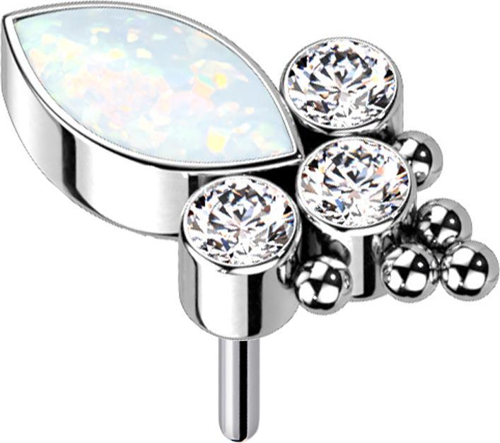 Star Piercing Ovaler Opal weiss und drei Kristalle silber (Titan G23, ohne Messing)