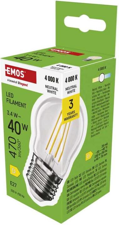 Immagine prodotto Emos Lampada LED Filament Mini Globe / E27 / 3,4 W (40 W) / 470 lm / Bianco neutro (E27, 3.40 W, 470 lm, 1 x, D)